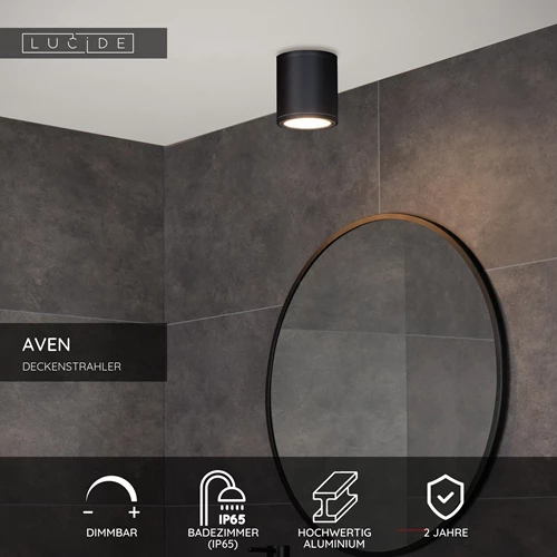 Lucide AVEN - Deckenstrahler Badezimmer - Ø 9 cm - 1xGU10 - IP65 - Schwarz - USP